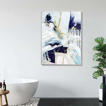 Framed Abstract Wall Art with Gold-foil - Navy Blue Graffiti on Light Background Canvas Artwork Decor with Hand Texture for Living room, Bedroom, office，Ready to hang