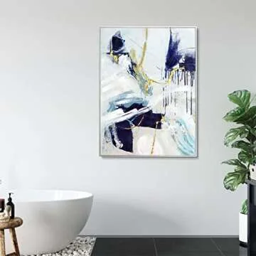 Framed Abstract Wall Art with Gold-foil - Navy Blue Graffiti on Light Background Canvas Artwork Decor with Hand Texture for Living room, Bedroom, office，Ready to hang