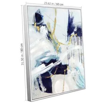 Framed Abstract Wall Art with Gold-foil - Navy Blue Graffiti on Light Background Canvas Artwork Decor with Hand Texture for Living room, Bedroom, office，Ready to hang