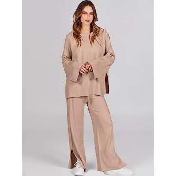 ANRABESS Womens 2 Piece Outfits Oversized Knit Sweater Set Wide Leg Pant Cozy Lounge Matching Pajama...