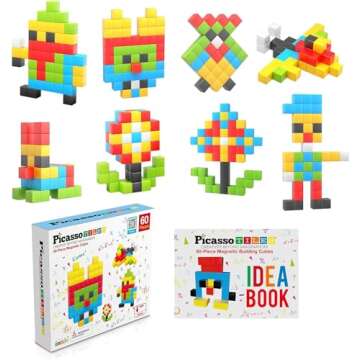 PicassoTiles 60 Pieces 1" Magnetic Building Blocks, 3D Construction Cubes Magnet Sensory Toys Gifts with Free Idea Book for Kids, Toddlers & Babies - PMC60