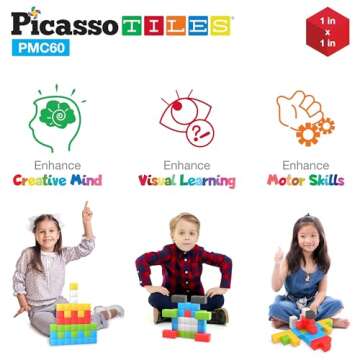 PicassoTiles 60 Pieces 1" Magnetic Building Blocks, 3D Construction Cubes Magnet Sensory Toys Gifts with Free Idea Book for Kids, Toddlers & Babies - PMC60