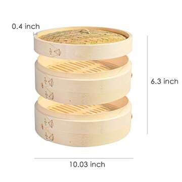 Bamboo Steamer 10 Inch, 2 Tier Basket with 20 Steamer Liners, Perfect for Dumplings, Dim Sum, Bao, Bun, Vegetables, Rice, Meat and Fish