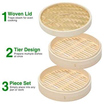Bamboo Steamer 10 Inch, 2 Tier Basket with 20 Steamer Liners, Perfect for Dumplings, Dim Sum, Bao, Bun, Vegetables, Rice, Meat and Fish
