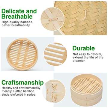 Bamboo Steamer 10 Inch, 2 Tier Basket with 20 Steamer Liners, Perfect for Dumplings, Dim Sum, Bao, Bun, Vegetables, Rice, Meat and Fish