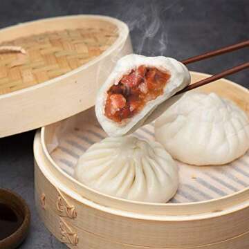 Bamboo Steamer 10 Inch, 2 Tier Basket with 20 Steamer Liners, Perfect for Dumplings, Dim Sum, Bao, Bun, Vegetables, Rice, Meat and Fish