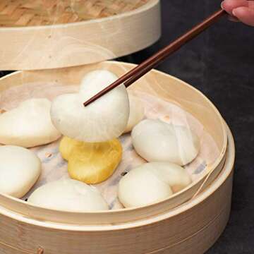 Bamboo Steamer 10 Inch, 2 Tier Basket with 20 Steamer Liners, Perfect for Dumplings, Dim Sum, Bao, Bun, Vegetables, Rice, Meat and Fish