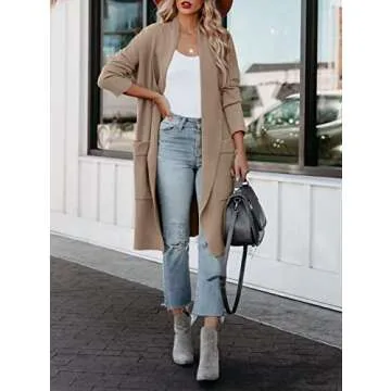 Uusollecy Women Long Sleeve Open Front Knit Cardigans Casual Loose Oversized Cardigan Sweater Solid Color Knitted Coat with Pockets Camel Large