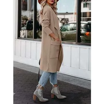 Uusollecy Women Long Sleeve Open Front Knit Cardigans Casual Loose Oversized Cardigan Sweater Solid Color Knitted Coat with Pockets Camel Large