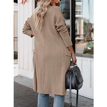 Uusollecy Women Long Sleeve Open Front Knit Cardigans Casual Loose Oversized Cardigan Sweater Solid Color Knitted Coat with Pockets Camel Large