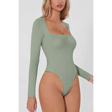 QINSEN Women's Square Neck Bodysuit Sexy Curved Shoulders Long Sleeve Slimming Tops Smoke Green S