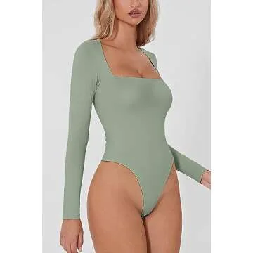 QINSEN Women's Square Neck Bodysuit Sexy Curved Shoulders Long Sleeve Slimming Tops Smoke Green S