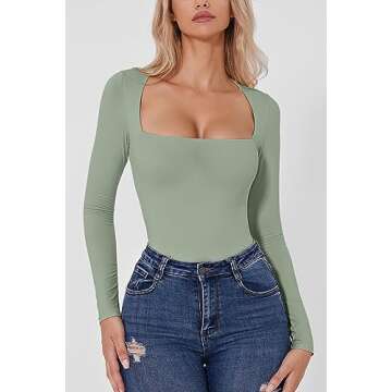 QINSEN Women's Square Neck Bodysuit Sexy Curved Shoulders Long Sleeve Slimming Tops Smoke Green S