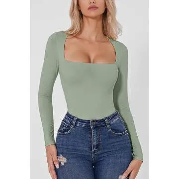 QINSEN Women's Square Neck Bodysuit Sexy Curved Shoulders Long Sleeve Slimming Tops Smoke Green S