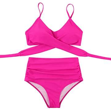 SUUKSESS Women High Waisted Bikini Criss Cross Swimsuits Push Up Bathing Suits(M, Hot Pink)