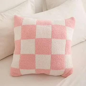 NIDITW Set of 2 Ultra Soft Checkerboard Throw Pillow Cover Microfiber Chessboard Gingham Cushion Case Cozy Fuzzy Checkered Pillowcase Decor for Home Sofa Couch 18x18 Inches (Pink)