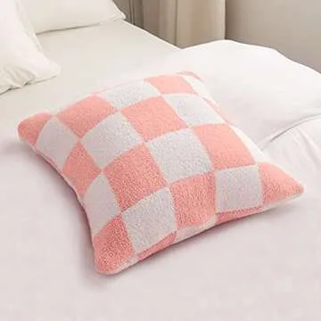 NIDITW Set of 2 Ultra Soft Checkerboard Throw Pillow Cover Microfiber Chessboard Gingham Cushion Case Cozy Fuzzy Checkered Pillowcase Decor for Home Sofa Couch 18x18 Inches (Pink)