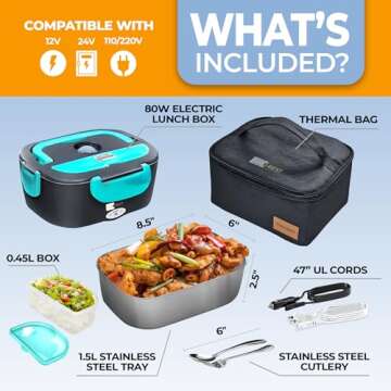 FORABEST Electric Lunch Box for Adults, 1.5L 80W Leakproof Heated Lunch Box | 12/24/110/220V Portable Food Warmer for Car, Truck, Office with 47" Power Cords and Thermal Bag, Lonchera Para Trabajo