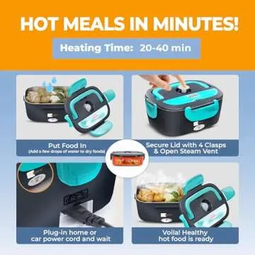 FORABEST Electric Lunch Box for Adults, 1.5L 80W Leakproof Heated Lunch Box | 12/24/110/220V Portable Food Warmer for Car, Truck, Office with 47" Power Cords and Thermal Bag, Lonchera Para Trabajo