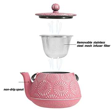 MILVBUSISS Cast Iron Teapot, Large Capacity 40oz Tea Kettle for Stove Top, Sakura Design Japanese Teapot Coated with Enameled Interior,1200ml Pink