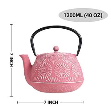 MILVBUSISS Cast Iron Teapot, Large Capacity 40oz Tea Kettle for Stove Top, Sakura Design Japanese Teapot Coated with Enameled Interior,1200ml Pink