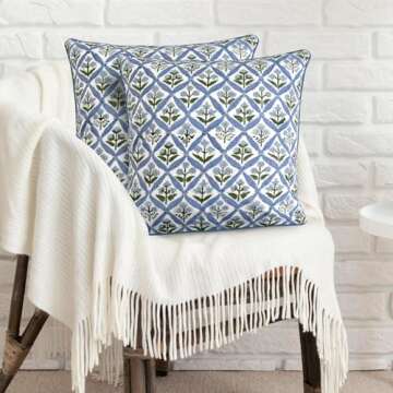 Ridhi Light Steel Blue Block Print Cotton Throw Pillow Covers for Decorative Couch Pillows for Livin...
