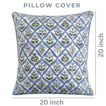 Ridhi Light Steel Blue Block Print Cotton Throw Pillow Covers for Decorative Couch Pillows for Living Room, Chic Boho Cute Outdoor Valentine Pillows Covers Gifts 20x20 Inches