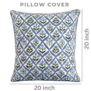 Ridhi Light Steel Blue Block Print Cotton Throw Pillow Covers for Decorative Couch Pillows for Living Room, Chic Boho Cute Outdoor Valentine Pillows Covers Gifts 20x20 Inches
