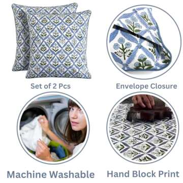 Ridhi Light Steel Blue Block Print Cotton Throw Pillow Covers for Decorative Couch Pillows for Living Room, Chic Boho Cute Outdoor Valentine Pillows Covers Gifts 20x20 Inches