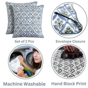 Ridhi Light Steel Blue Block Print Cotton Throw Pillow Covers for Decorative Couch Pillows for Living Room, Chic Boho Cute Outdoor Valentine Pillows Covers Gifts 20x20 Inches