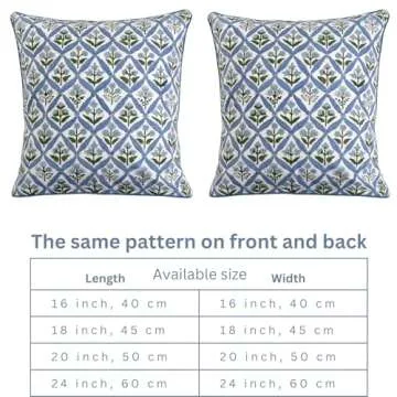 Ridhi Light Steel Blue Block Print Cotton Throw Pillow Covers for Decorative Couch Pillows for Living Room, Chic Boho Cute Outdoor Valentine Pillows Covers Gifts 20x20 Inches