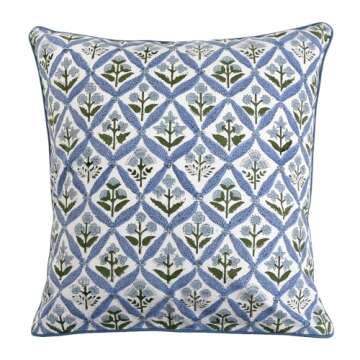 Ridhi Light Steel Blue Block Print Cotton Throw Pillow Covers for Decorative Couch Pillows for Living Room, Chic Boho Cute Outdoor Valentine Pillows Covers Gifts 20x20 Inches