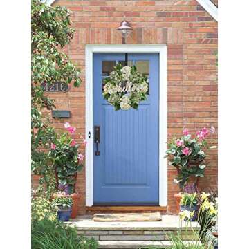 QUNWREATH Spring Wreath for Front Door 18 Inch Green Hydrangea Summer Handmade Hello Farmhouse Grapevine Wreath