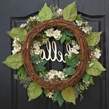 QUNWREATH Spring Wreath for Front Door 18 Inch Green Hydrangea Summer Handmade Hello Farmhouse Grapevine Wreath