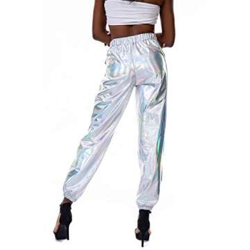 Zaxicht Women's Metallic Shinny Pants, Casual Holographic Jogger Sweatpants Punk Hip Hop Trousers Silver Pants (Multicolor, S)