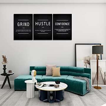 KAWAHONE Motivational Success Canvas Wall Art, Grind Hustle Confidence Wall Decor Framed Inspirational Entrepreneurs Painting Prints Quotes Poster for Office Workplace Ready to Hang
