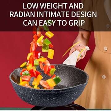 Woo Boreine Nonstick Deep Frying Pan Saute Pan with Glass Lid,Non-Stick Medical Stone Coating from Germany (12inch, dark grey)