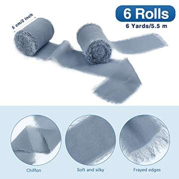 GWHOLE 6 Rolls Chiffon Ribbon, 2" x 6 Yd Ribbon Fringe Handmade for Wedding Invitations Bridal Shower Bouquets Decorations, Gifts Wrapping DIY Crafts(Dusty Blue)