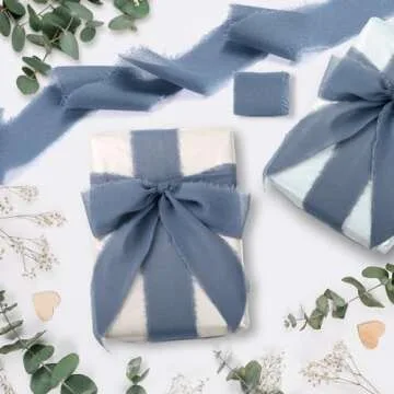 GWHOLE 6 Rolls Chiffon Ribbon, 2" x 6 Yd Ribbon Fringe Handmade for Wedding Invitations Bridal Shower Bouquets Decorations, Gifts Wrapping DIY Crafts(Dusty Blue)