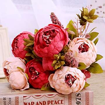 SHINE-CO LIGHTING Artificial Peony Silk Flowers Bouquet Glorious Moral for Home Office Decoration and Weddings (Dark Pink)