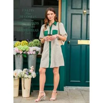 AlvaQ Dresses for Women Fashion 2025 Summer Puff Short Sleeve Casual Loose Striped Button Down Mini Dress Outfit Green Small