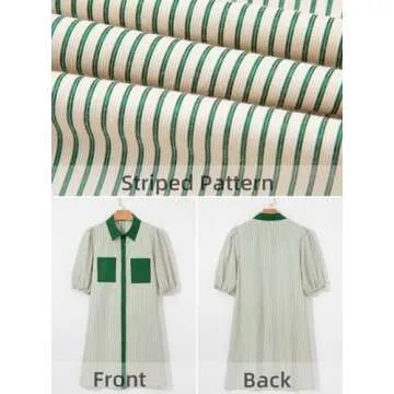 AlvaQ Dresses for Women Fashion 2025 Summer Puff Short Sleeve Casual Loose Striped Button Down Mini Dress Outfit Green Small