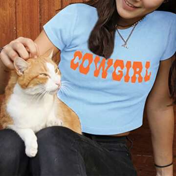 MISSACTIVER Women’s Sexy Vintage Graphic and Letter Print Crop Top Casual Summer Slim Short Sleeve Crop T-Shirt (Small, Blue & Orange)