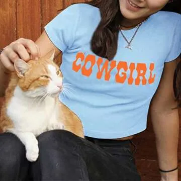 MISSACTIVER Women’s Sexy Vintage Graphic and Letter Print Crop Top Casual Summer Slim Short Sleeve Crop T-Shirt (Small, Blue & Orange)