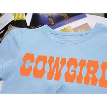 MISSACTIVER Women’s Sexy Vintage Graphic and Letter Print Crop Top Casual Summer Slim Short Sleeve Crop T-Shirt (Small, Blue & Orange)