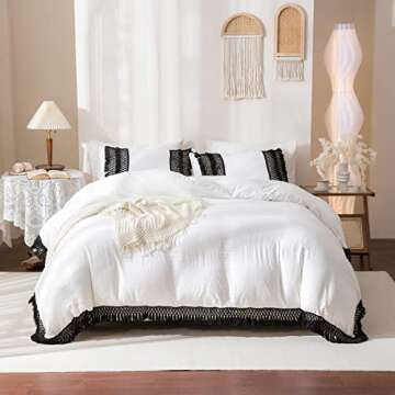 Boho Duvet Cover Black Tassel Bedding Shabby Chic Lattice Macrame Tassel Fringed Black and White Rustic Farmhouse Duvet Cover Set Twin with 1 Pillowcase