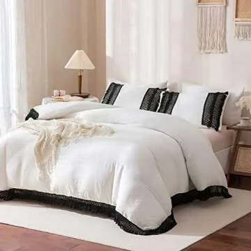 Boho Duvet Cover Black Tassel Bedding Shabby Chic Lattice Macrame Tassel Fringed Black and White Rustic Farmhouse Duvet Cover Set Twin with 1 Pillowcase