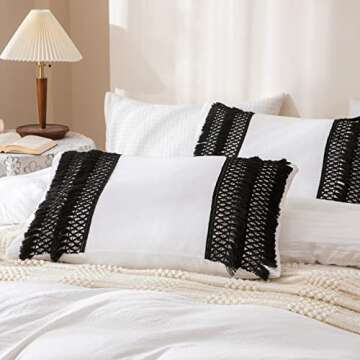 Boho Duvet Cover Black Tassel Bedding Shabby Chic Lattice Macrame Tassel Fringed Black and White Rustic Farmhouse Duvet Cover Set Twin with 1 Pillowcase