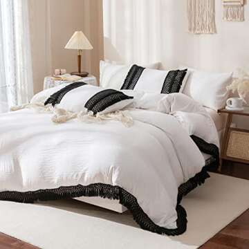 Boho Duvet Cover Black Tassel Bedding Shabby Chic Lattice Macrame Tassel Fringed Black and White Rustic Farmhouse Duvet Cover Set Twin with 1 Pillowcase