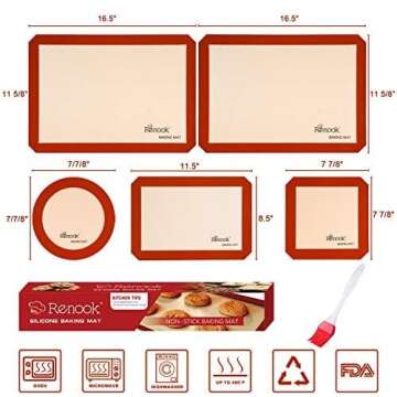 RENOOK Silicone Baking Mat Set of 5, BPA-free Grade Food Baking Mat, 100% Non-Stick Reusable Food Safe Liners & Silicone Brush- Macaron, Pastry, Cookie.